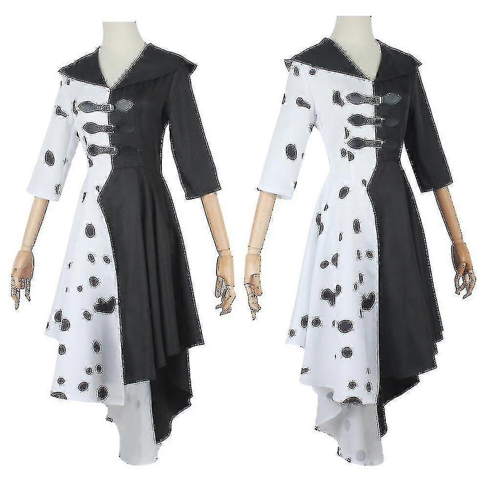 Movie 101 Dalmatians Black And White Witch Kuira Deville Dress Gloves Shawl Halloween Cosplay Costume Set -C