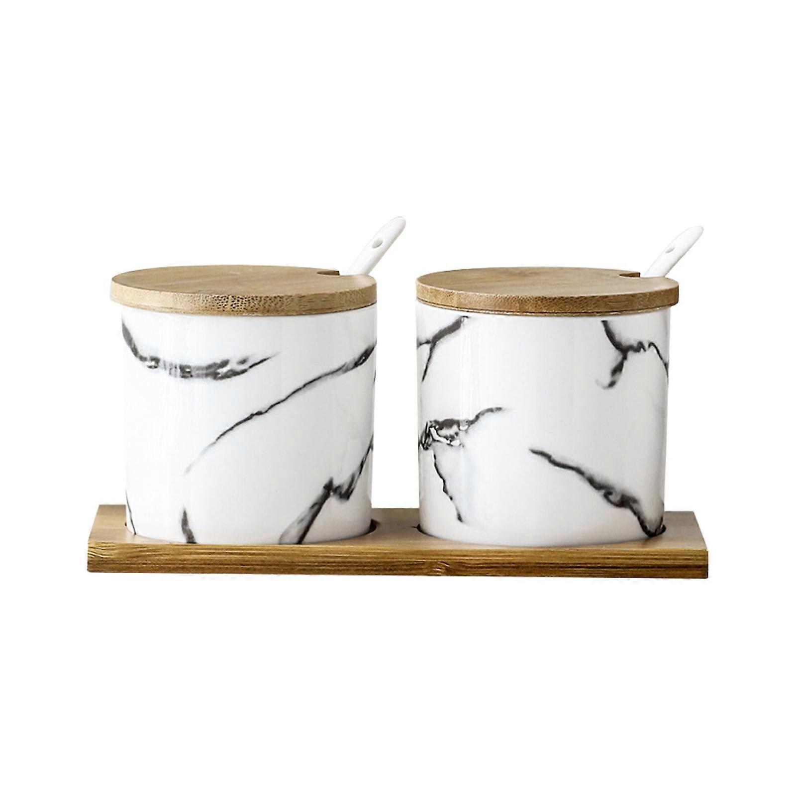 -5Pcs/Set Seasoning Spice Box Jar Condiment Storage Container Spoons Wood Tray