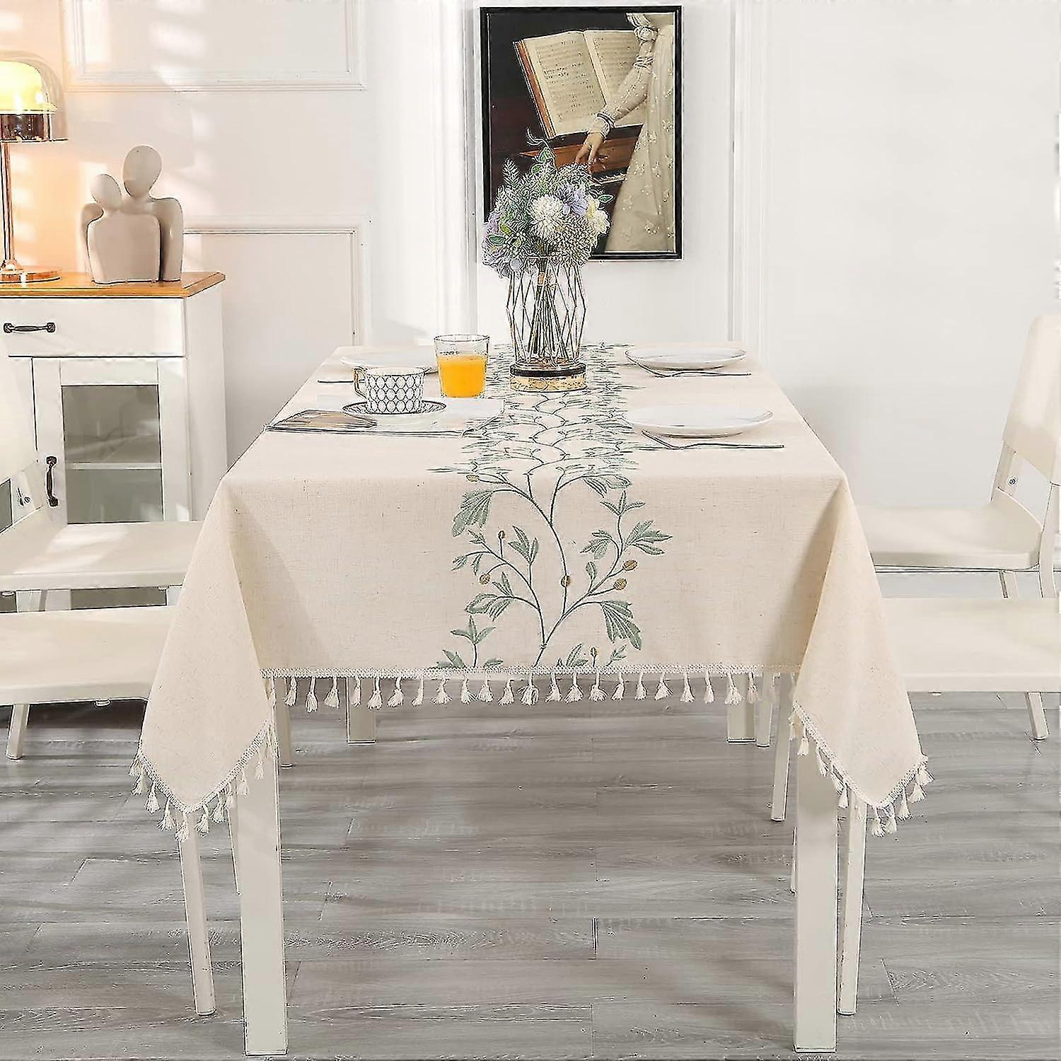 Rectangular Tablecloth - Cotton Linen, Green Embroidered Leaves, Kitchen, Dining, 140x180 cm JKW