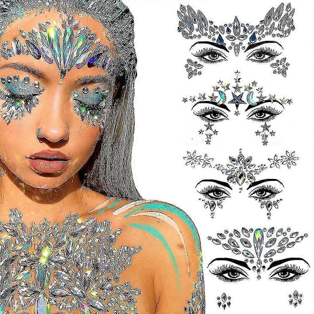 4 סטים תכשיטי פנים מדבקות קעקוע , ריינסטון רייב פנים פנים אבני חן נצנצים, אביזרי פסטיבל קעקועים זמניים לנשים ונערות א