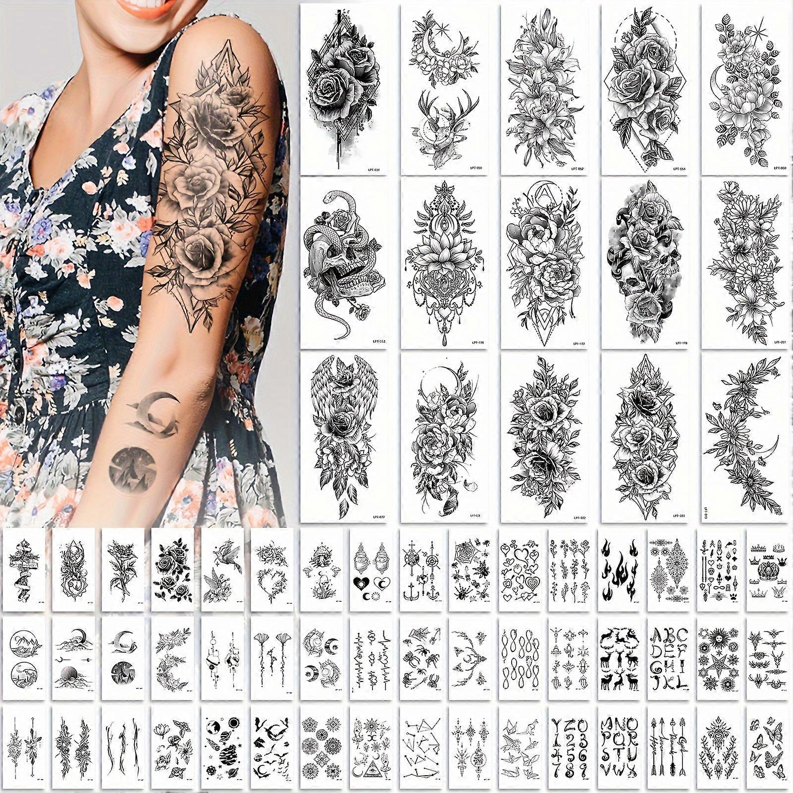 JUNGE * 400+ أنماط أنيقة (79 ورقة) وشم مؤقت واقعي للنساء ، وشم شبه دائم طويل الأمد ، زهور كبيرة مقاومة للماء روز اليد ر