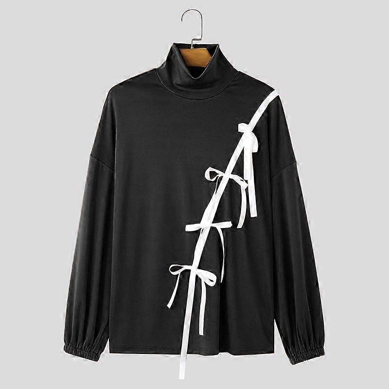 INCERUN Suéter masculino de gola alta e manga comprida, casual, com laço e patchwork