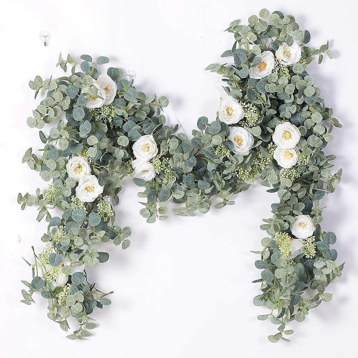 6.56ft Eucalyptus Garland with 8 White Roses for Party Wedding Table Decor
