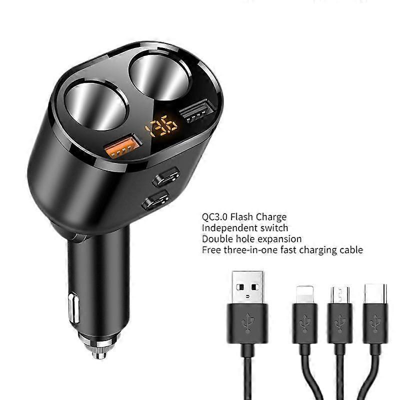 USB Car Charger (QC3.0 Flash Charge Independent Switch Double-hole Extension to Send Three-in-One Fast Charge Cable) (One Set)