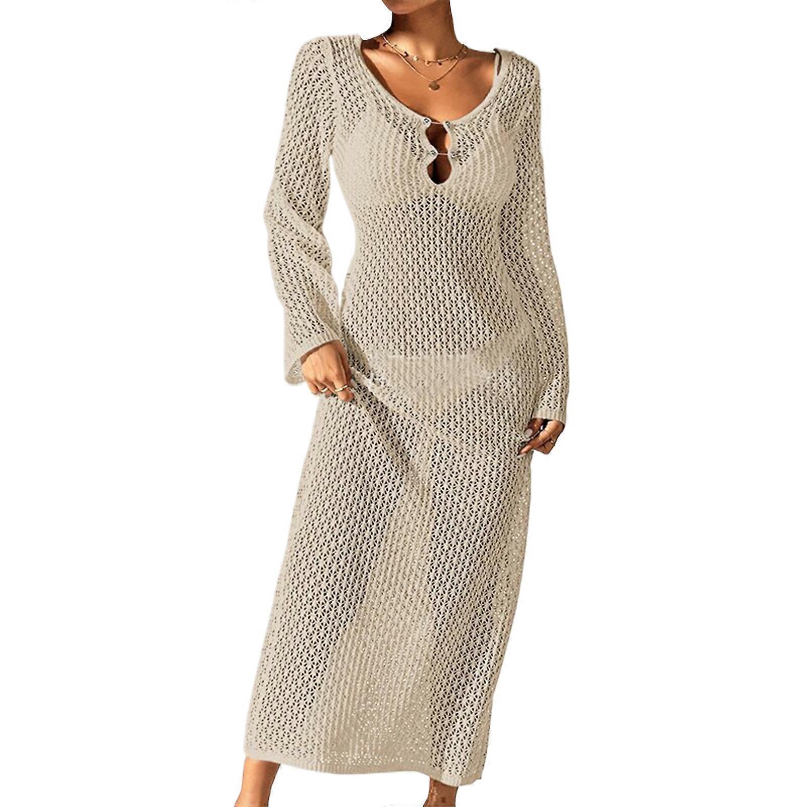 Full Length Crochet Beach Dress Long Sleeve Coverup Dress Hollow Out Beach  Dress Crochet Full Length Swim Coverup Dress Beige S | Fruugo NO
