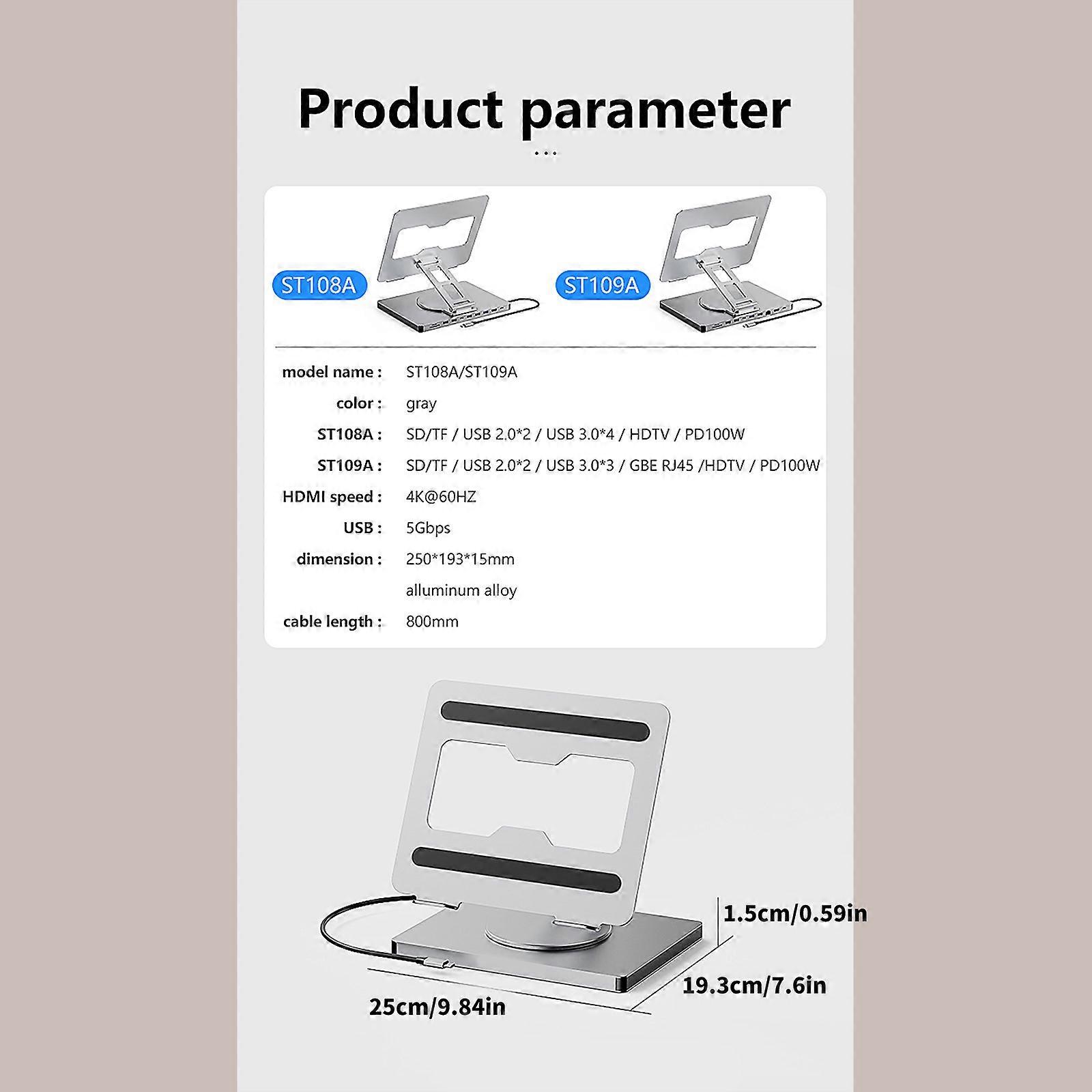 10 in 1 Rotatable Laptop Adapter Holder Support PD10W Fast Speed USB3.0x3 and 4K/60Hz Output for Home Entertainment