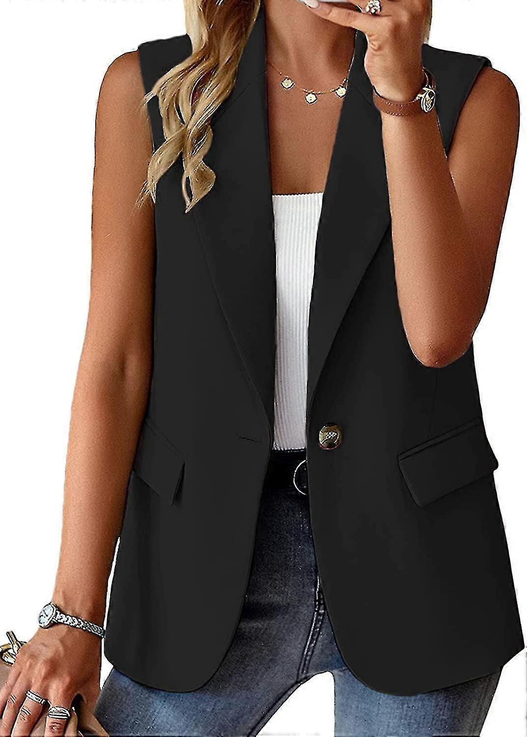 Solid Color Women's Blazer Vests with Open Front Lapel Collar Pockets and Casual Style