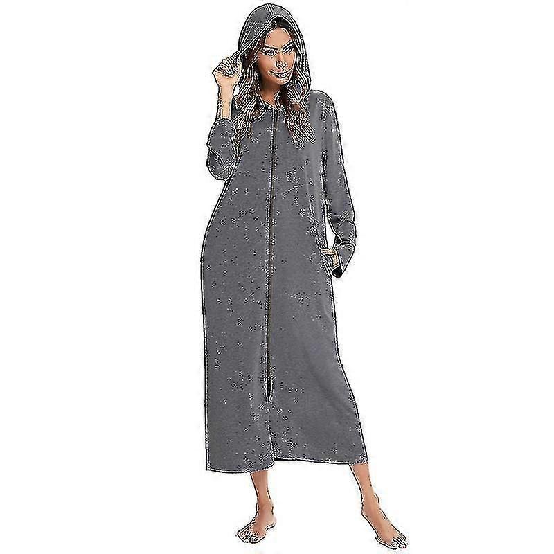 Womens Zip Up Robe Nightgown Long Hooded Sweatshirt Bathrobe Long Sleeve Housecoat Lounger With Pock