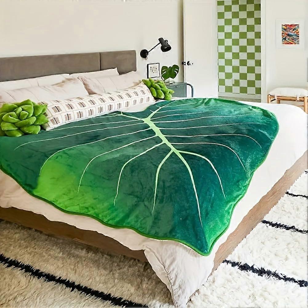 Green Leaf Shape Flannel Blanket - Soft Throw, Travel Nap Blanket, Sofa Bed, All-Season, Size 39.37 x 59.06 Inches