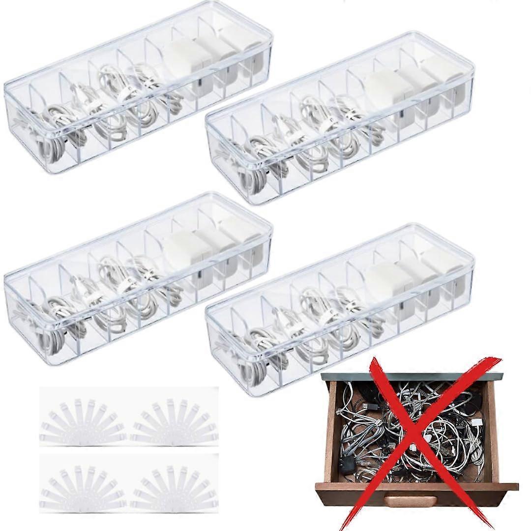 Cable Management Boxes 4-Pack Clear Includes 40 Silicone Ties Cord Organizer for Desk Accessories