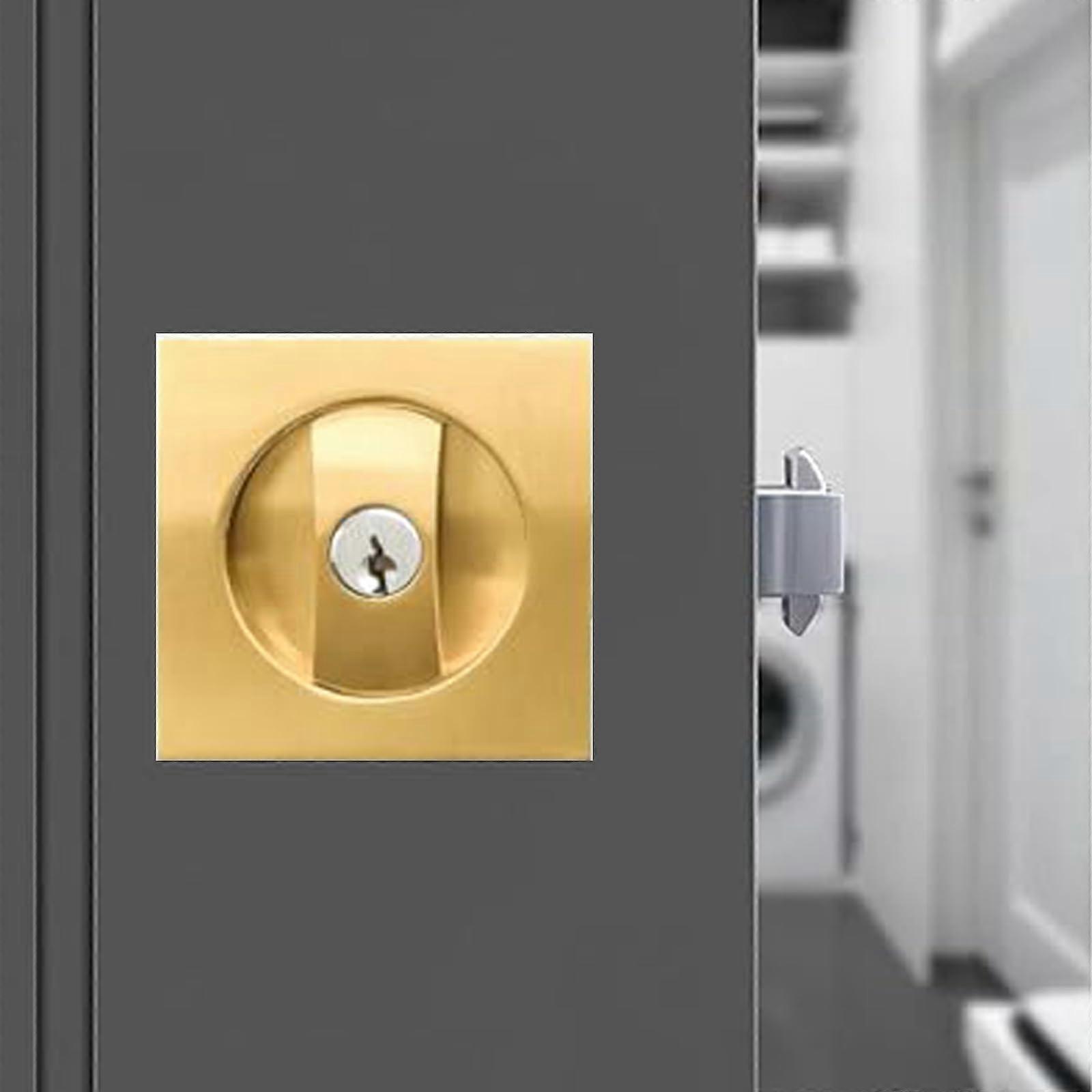 Pocket Door Handles with Lock and Key Pocket Door Lock Sliding Door Lock Handle Sets Invisible Door Handle 66mm,Gold