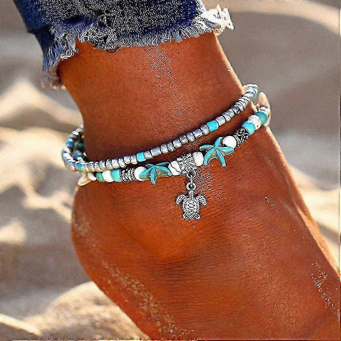 بوهو شل / نجم البحر / السلاحف / الخلخال نسج أساور الكاحل مطرز الشاطئ الصيف القدم مجوهرات قابلة للتعديل للنساء والفتيات (أبيض) أبيض -