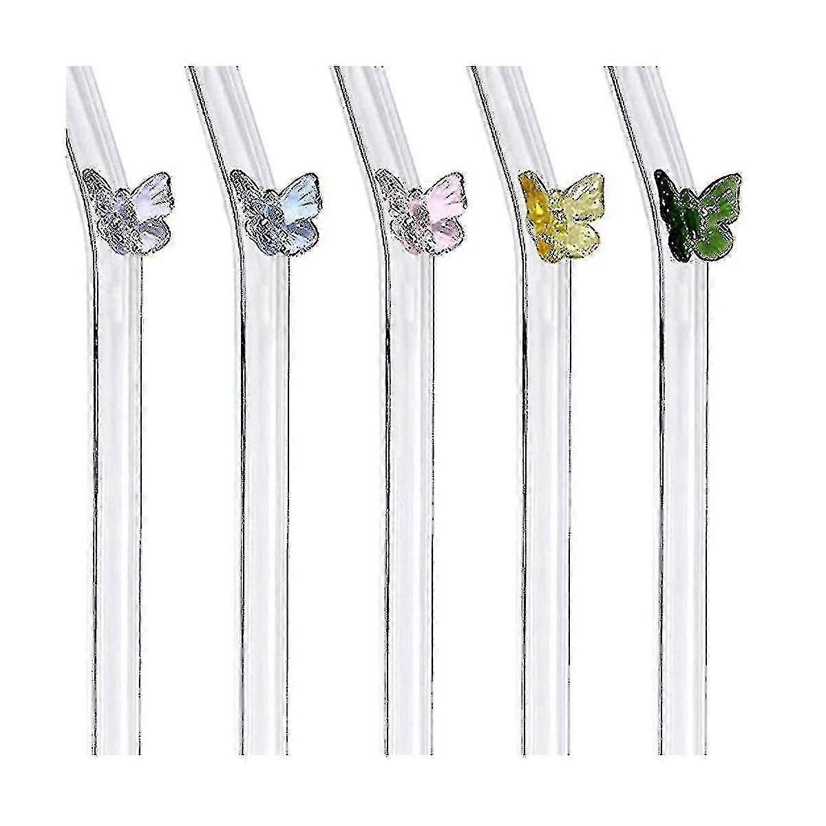 5 Pcs Reusable Glass Straws,colorful Butterfly On Clear Straws With Design Shatter Resistant Bent D Xxf-dwdz