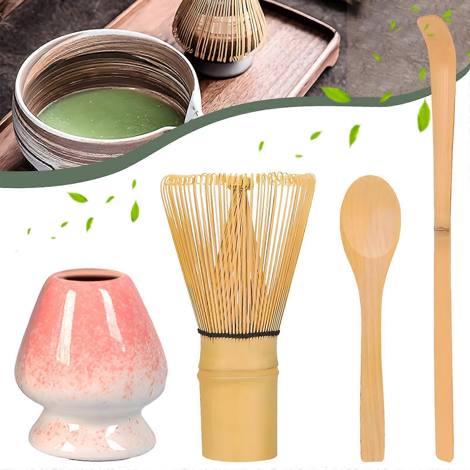 Matcha Set, 4Piece Japanese Matcha Set, Matcha Whisk, Spoon, Broom Holder (White/Pink)