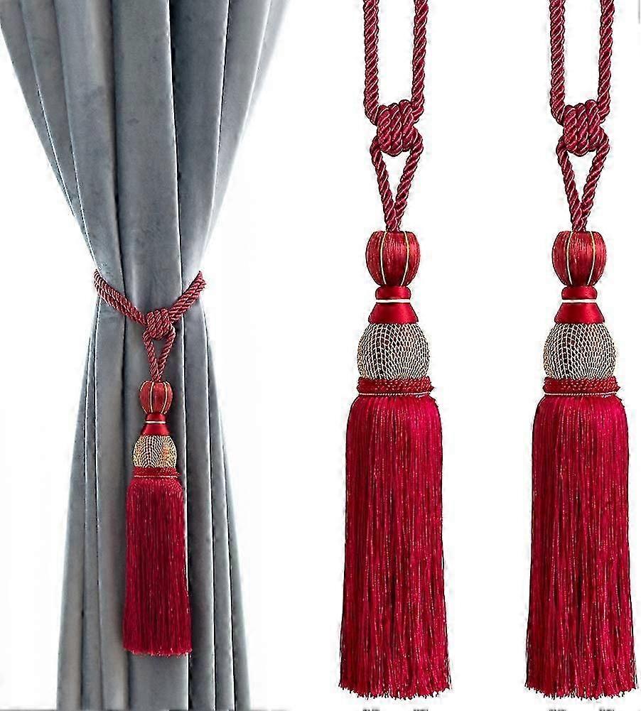 Dekorative Gardinenbinder, Kugelquasten, Holdbacks - Home Office Vorhangverschlüsse, geflochtene Schnallen, Fransenseile, 2er-Set (Rot)