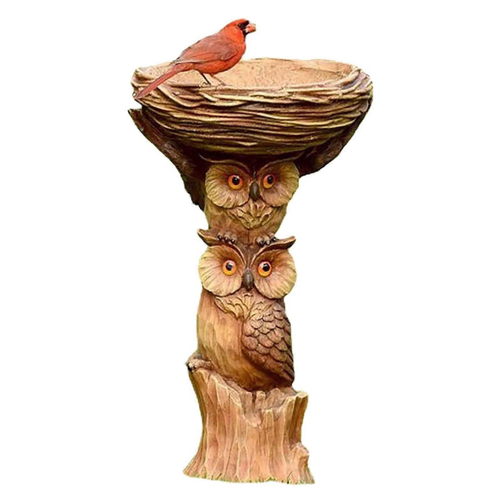 Bird Bath Bowl with Standing Bird Feeder for Balcony and Garden, Mini Resin Owl Design