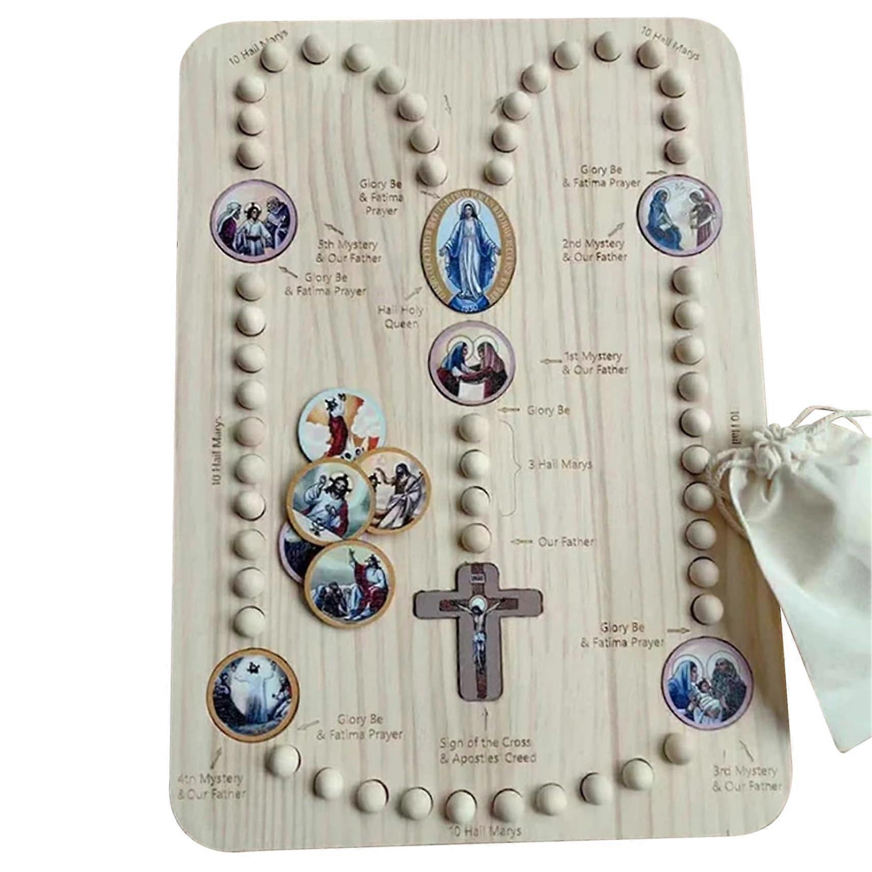 Wooden rosary board with 22 mysteries cards, 54 beads, for children.