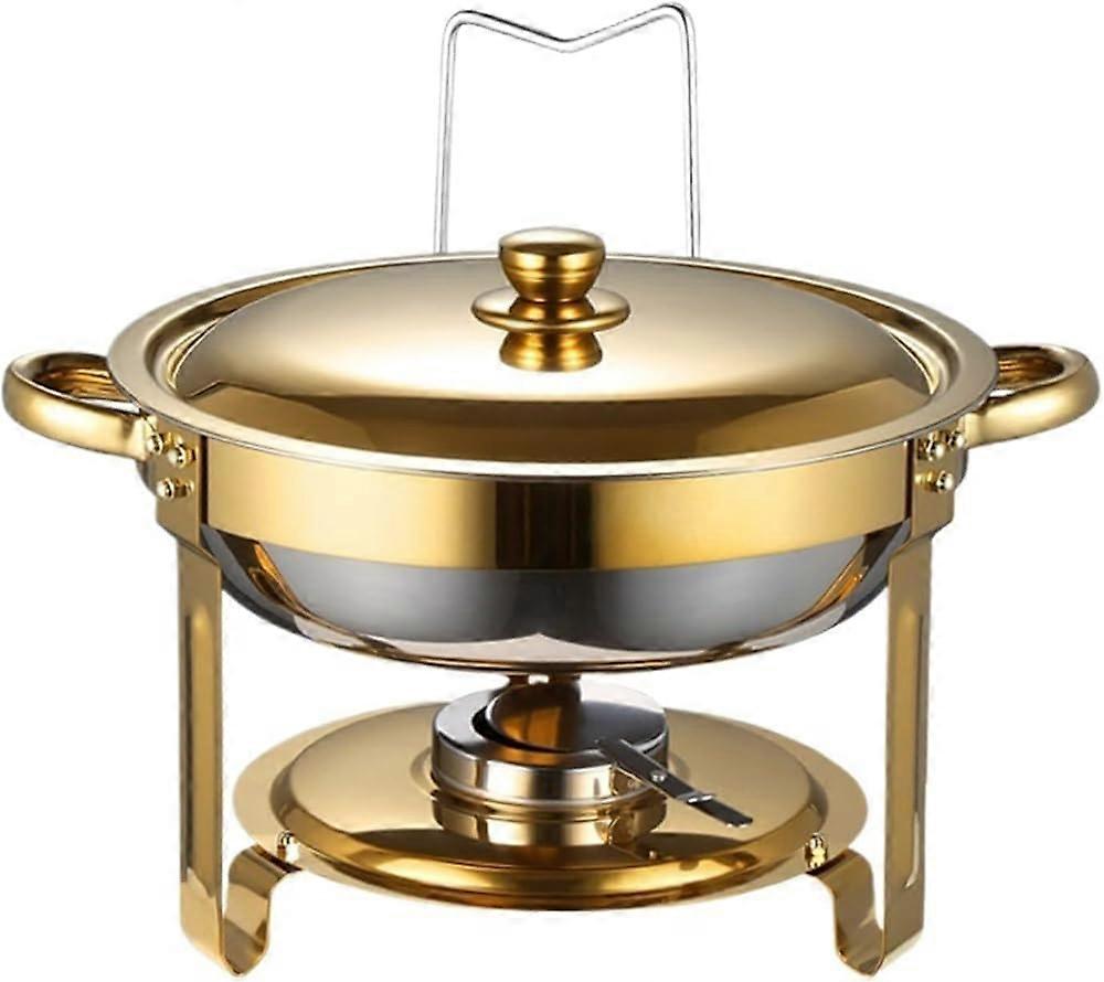 Round stainless steel food warmer set with lid – buffet chafing dish for catering, parties, and events – goldcolored insulated serving container.