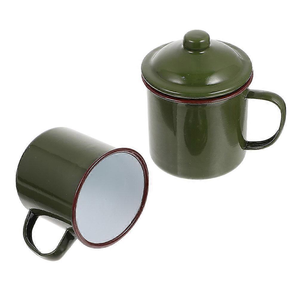 Retro Green Enamel Mugs Set of 2, Multi Functional Drinking Cups for Home or Office, Stable Flat Base, Tea & Coffee Compatible
