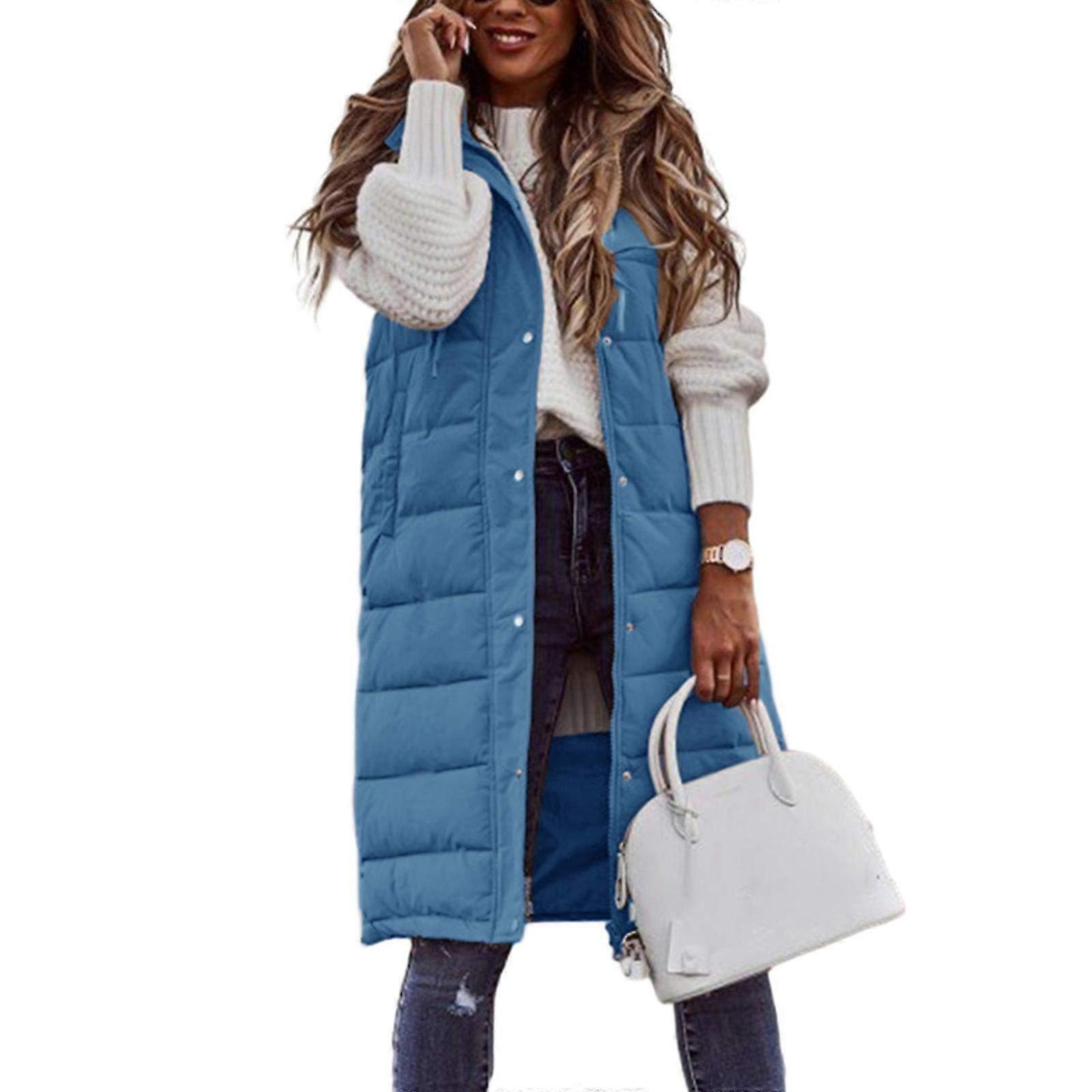 Colete Puffer Longo Oversized para Mulheres com Capuz, Jaqueta Acolchoada Sem Mangas para o Inverno, Casaco Quente com Zíper para Atividades ao Ar Livre em Azul Royal