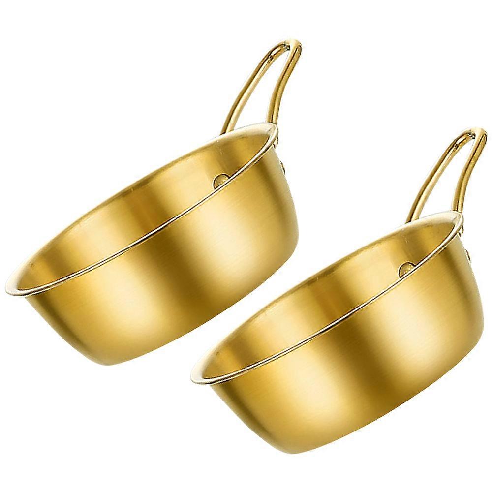 Korean Style Gold Handle Stainless Steel Rice Wine Bowls 2pcs Set, Multi Use Dipping, Serving, Hotpot & Cold Drink Cups with Comfortable Grip