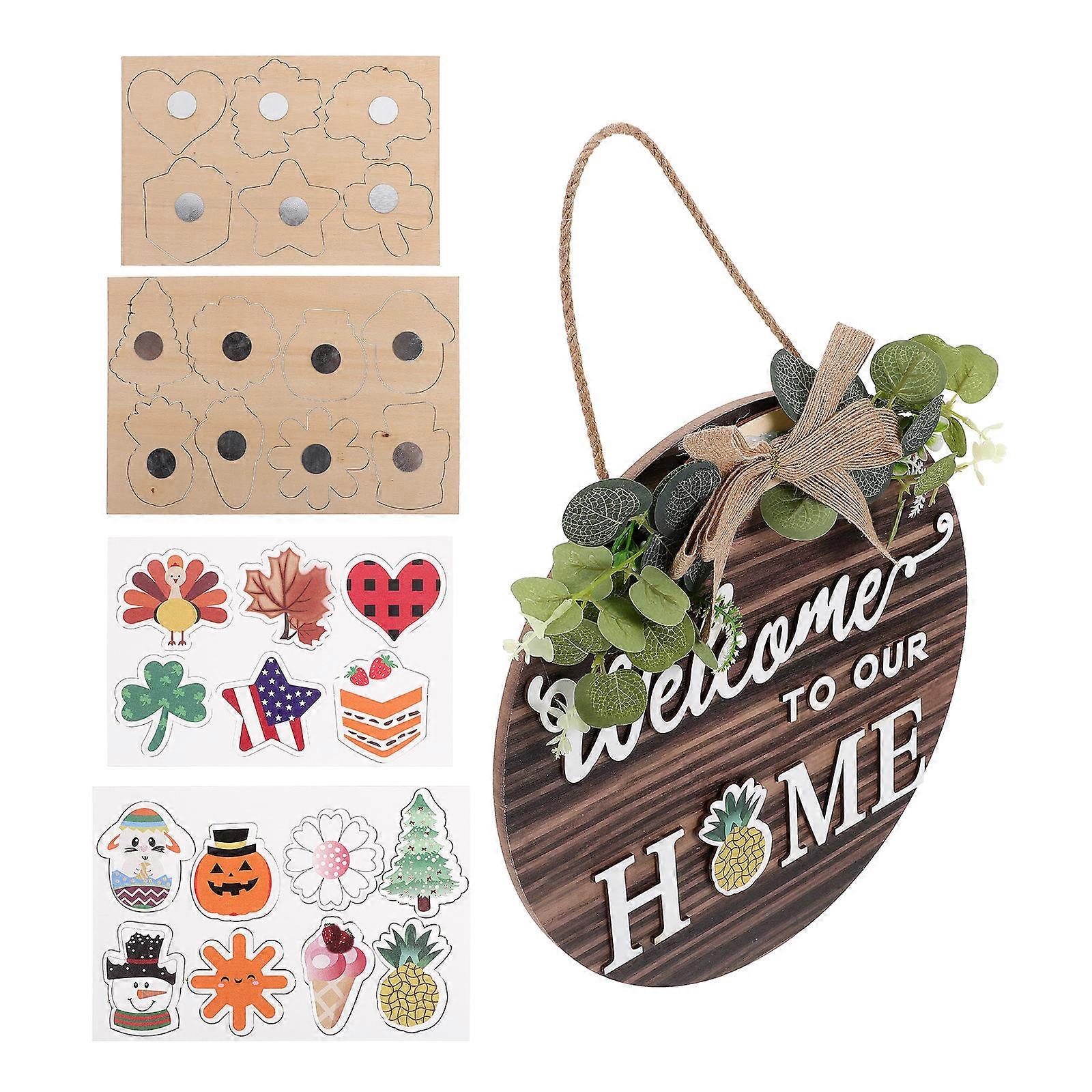Interchangeable Welcome Sign for Decor Rustic Wooden Door Plate with Changeable Ornaments Brown