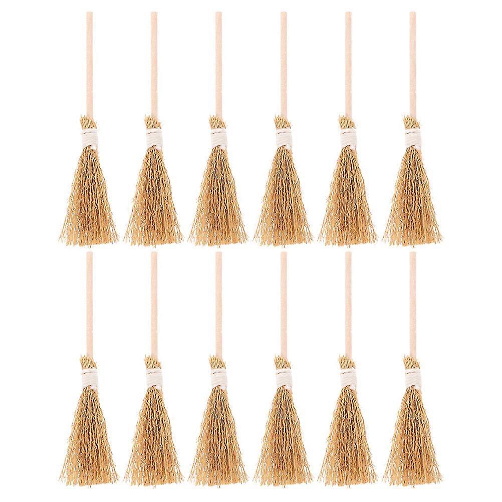 12pcs Broom Props for Decoration Made of Wood and Chinese Silvergrass Yellow Color