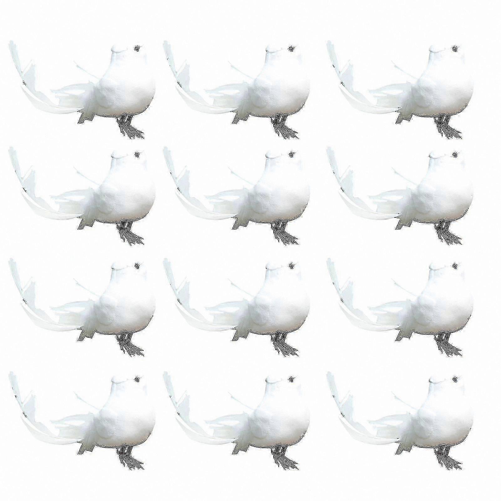 12-Piece Realistic White Feathered Bird Ornament with Branch Mount for Crafting and Decoration