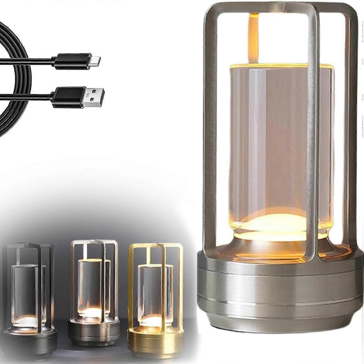 Crystal Lantern Table Lamp, Cordless Table Lamp, Portable LED Desk Lamp, 3 Colors Stepless Dimming, Table Lamp for Home and OutdoorSilver