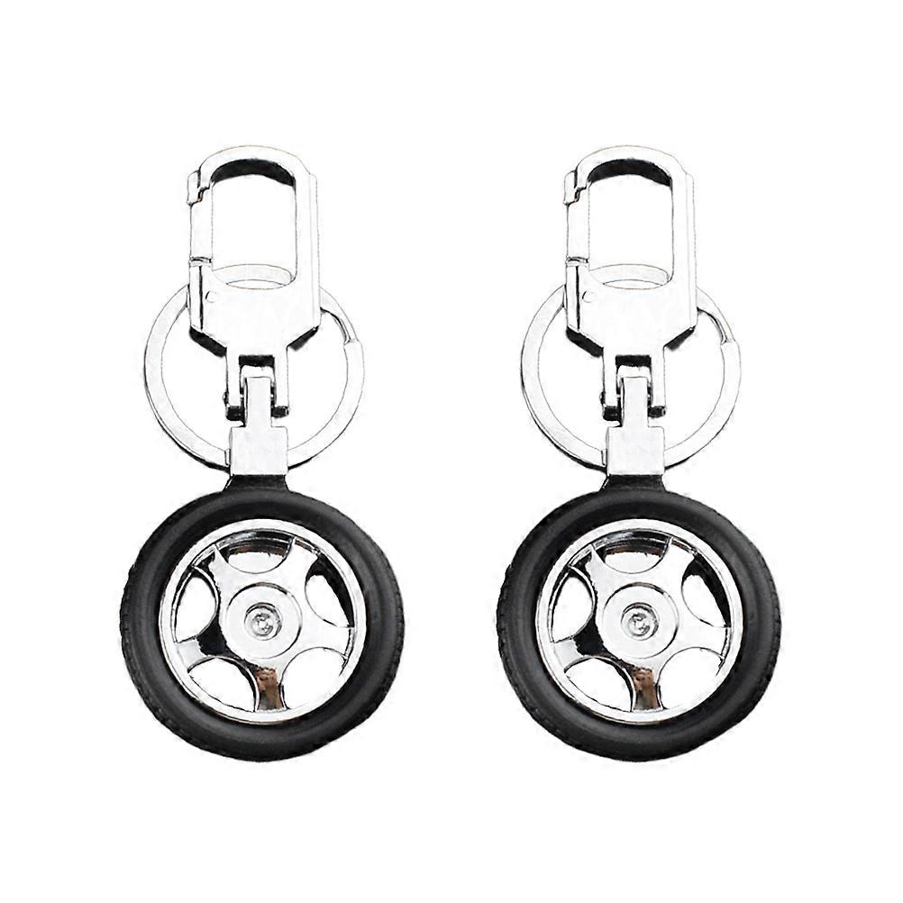 Black Alloy Key Chain with Rotatable Tire Design Great for Hanging Keys and Decoration 2pcs