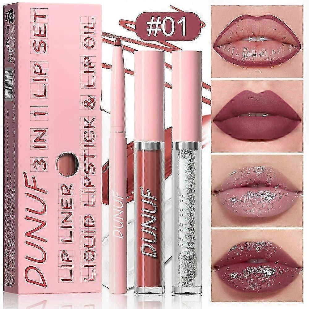 Nude Pink Lipgloss Collection - 3-in-1 Longwear Waterproof Lip Stain with Lipliner and Glossy Shine for Full Coverage Pigmentation