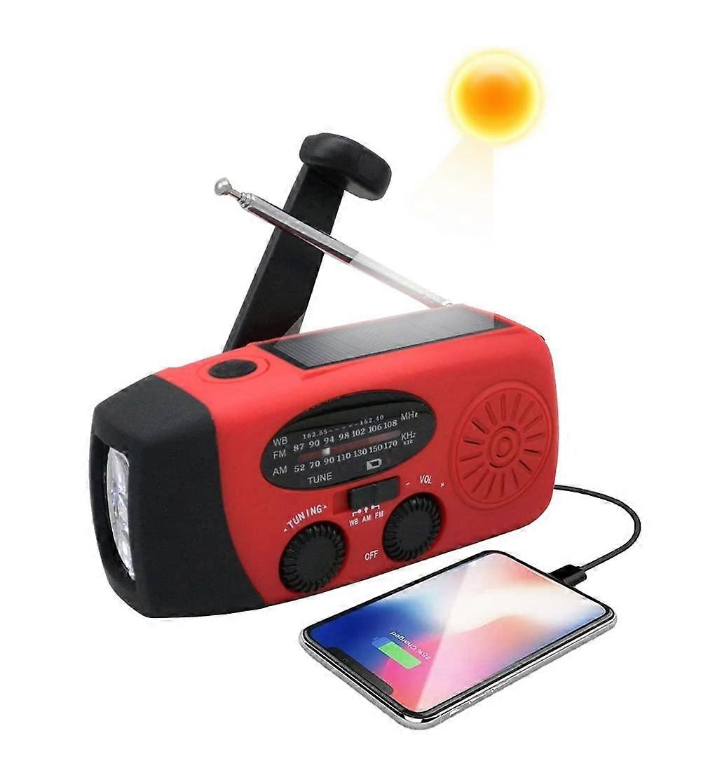 Portable Wind Up Radio Solar AM/FM Emergency Weather Radio, 600mAh USB Rechargeable, Hand Crank Dynamo, Flashlight, Red