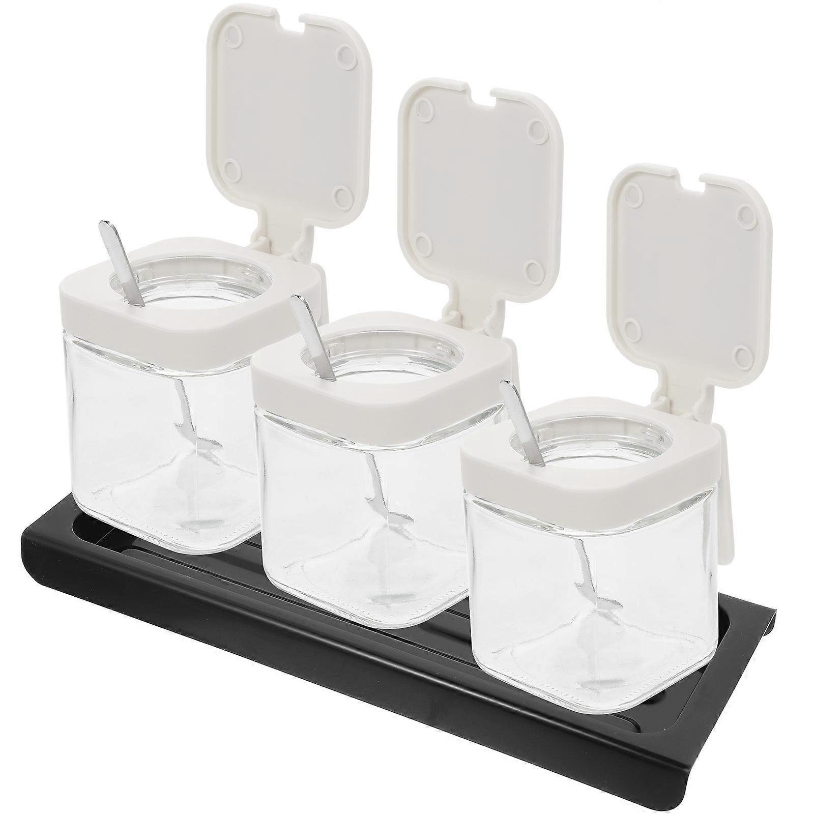 2 Sets of Kitchen Seasoning Jar Glass Condiment Jar for Home Use Storage with Tray 9X7.5CM Square White