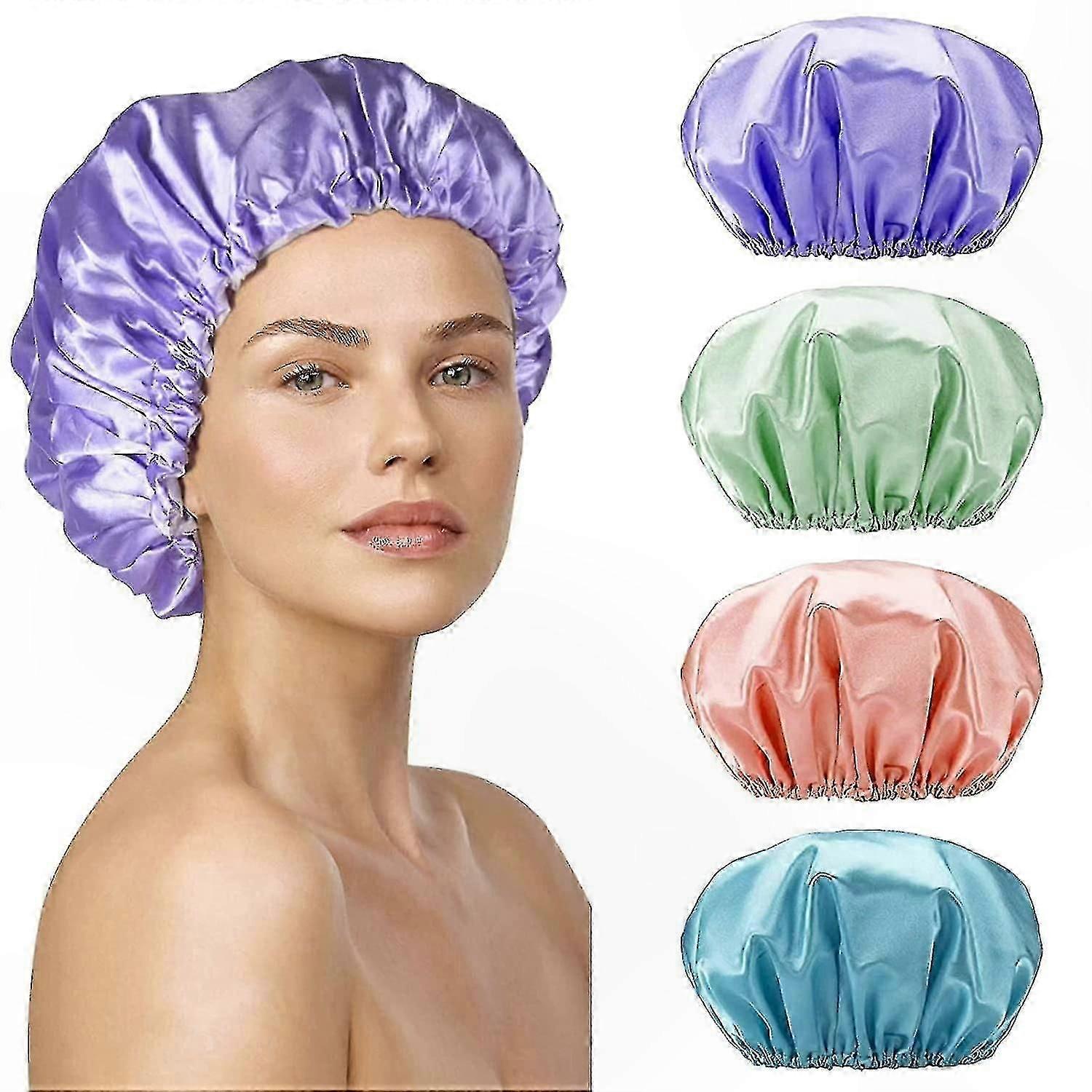 Waterproof Shower Caps for Women, 4-Pack Double Layer Bathing Cap Gift Set
