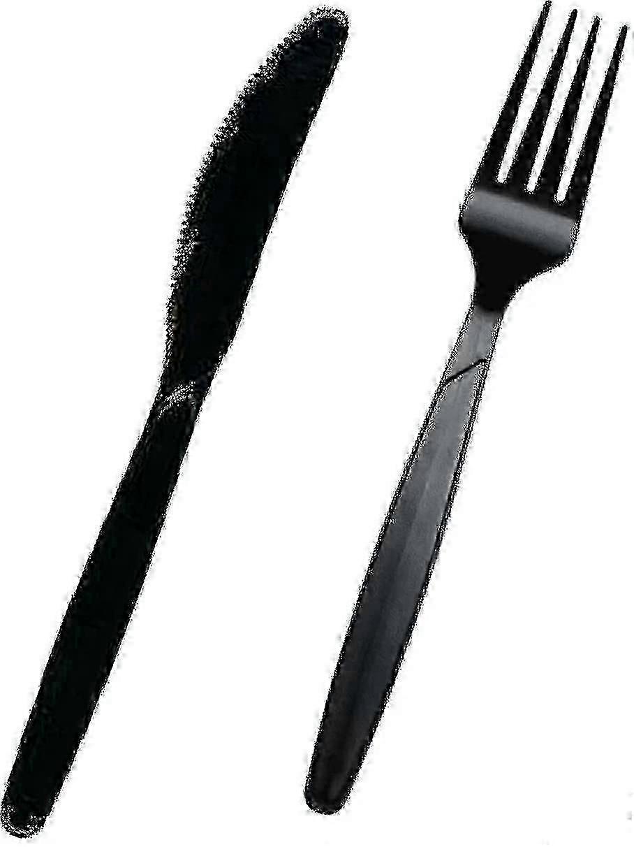 200 מחשבים מוגדרים סכו"ם פלסטיק שחור באיכות פרימיום | 100 מזלגות + 100 סכינים | סכו"ם פלסטיק כבד לשימוש חוזר למסיבות, ארוחת ערב כל יום בכלי שולחן