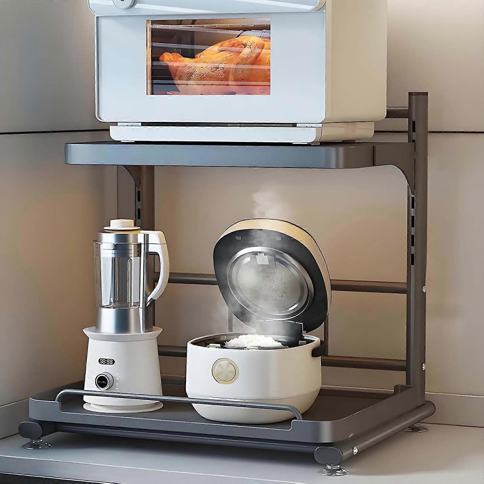 Adjustable Microwave Rack, 2Tier Counter Organizer With Sliding Shelf, Height Adjustable Kitchen Storage 53cm