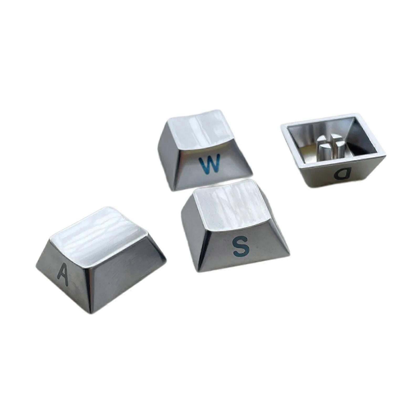 Zinc Alloy WASD Keycaps Gold/Silver Finish and with Side Engraving Enhances Gaming and Typing for Mechanical Keyboards  Silver