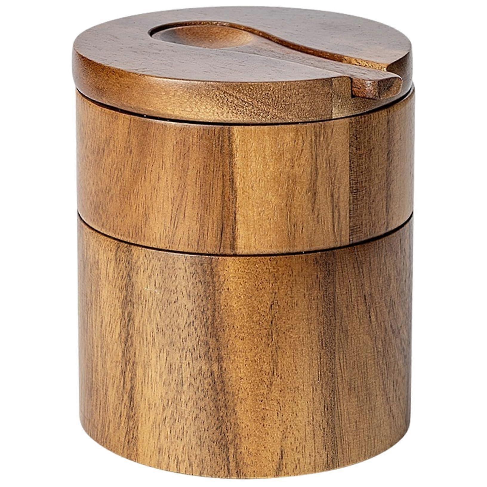 Wooden Salt Cellar with Magnetic Swivel Lid and Spoon, DoubleLayer Bamboo Box for Spices
