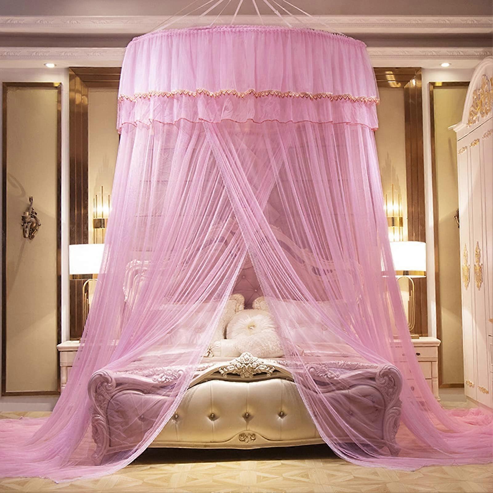 Pink Mosquito Net Bed Canopy with Elegant Lace Dome for Insect Protection and Universal Bed Fit