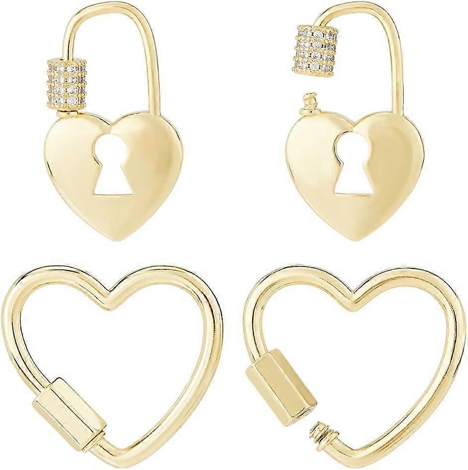 4Pcs Screw Carabiner Lock Clasp 2 Styles 18K Gold Plated Heart Keychain Lock Charms Clasps Brass Cubic Zirconia Screw Carabiner Heart Lock Charms for 