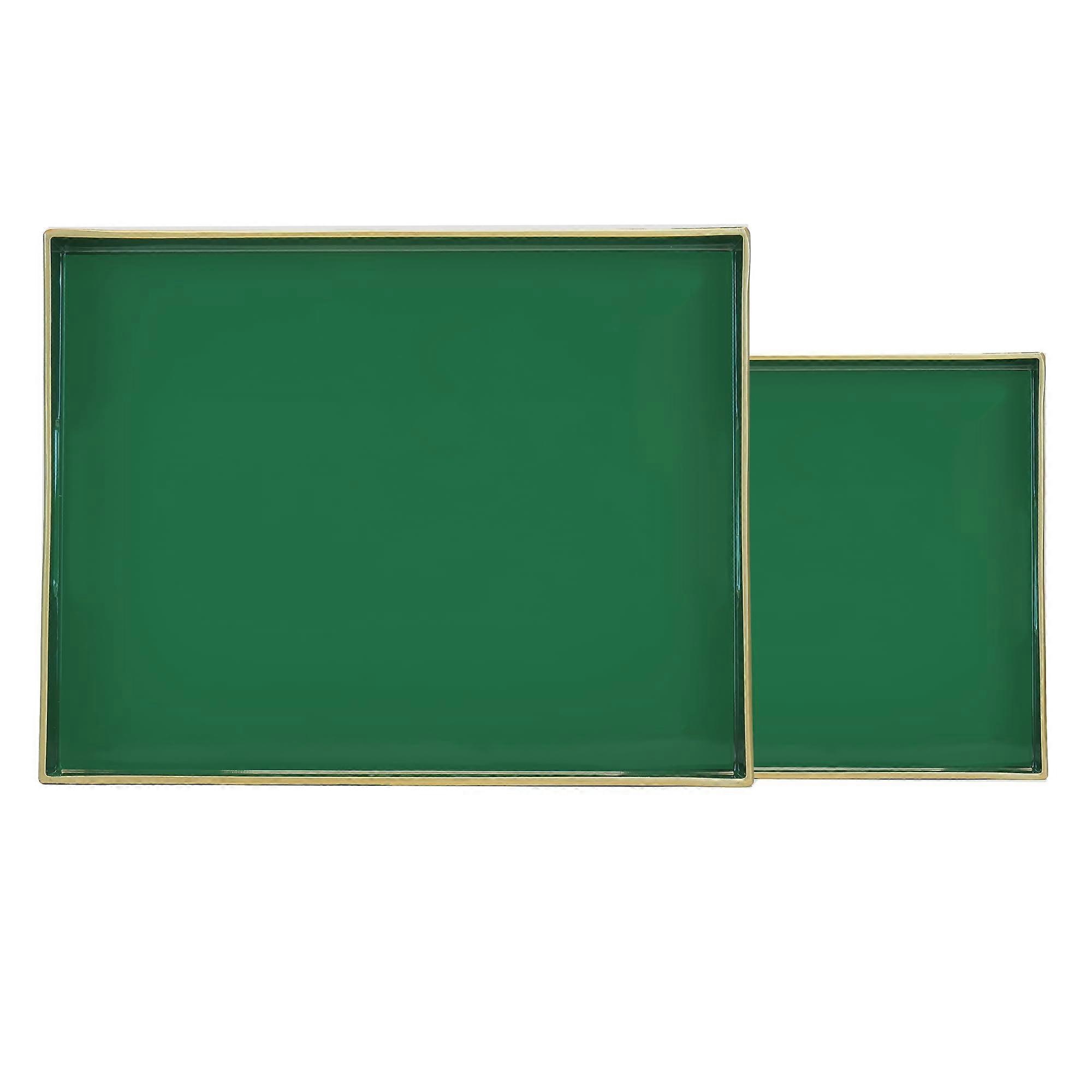 Serving Tray Set of 2, Decorative Plastic Trays with Handles, Bohemian Pattern, Spillproof Edge, Emerald Green