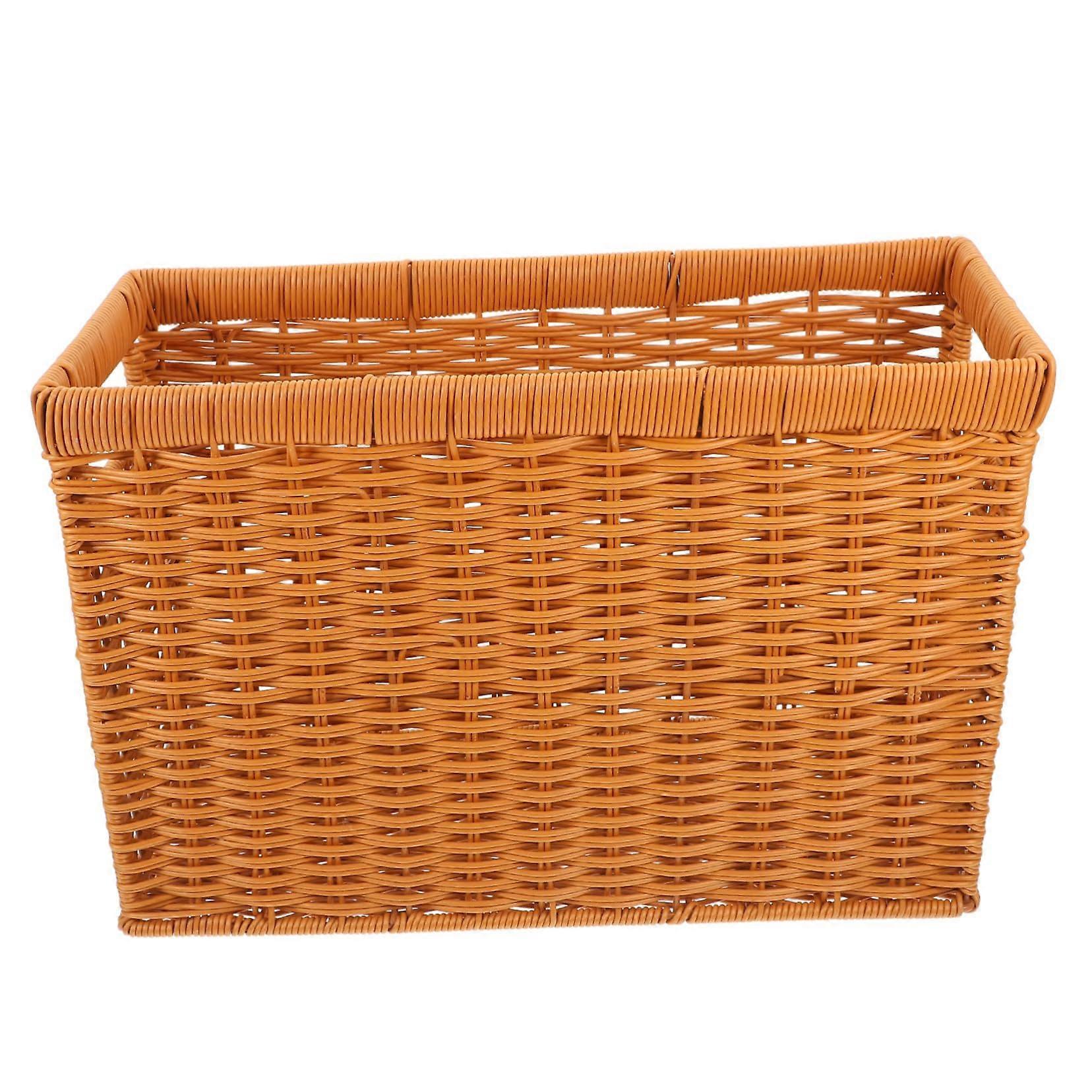 Handwoven Rattan Storage Basket with Handles for Books and Magazines, Minimalist Home Office Organizer