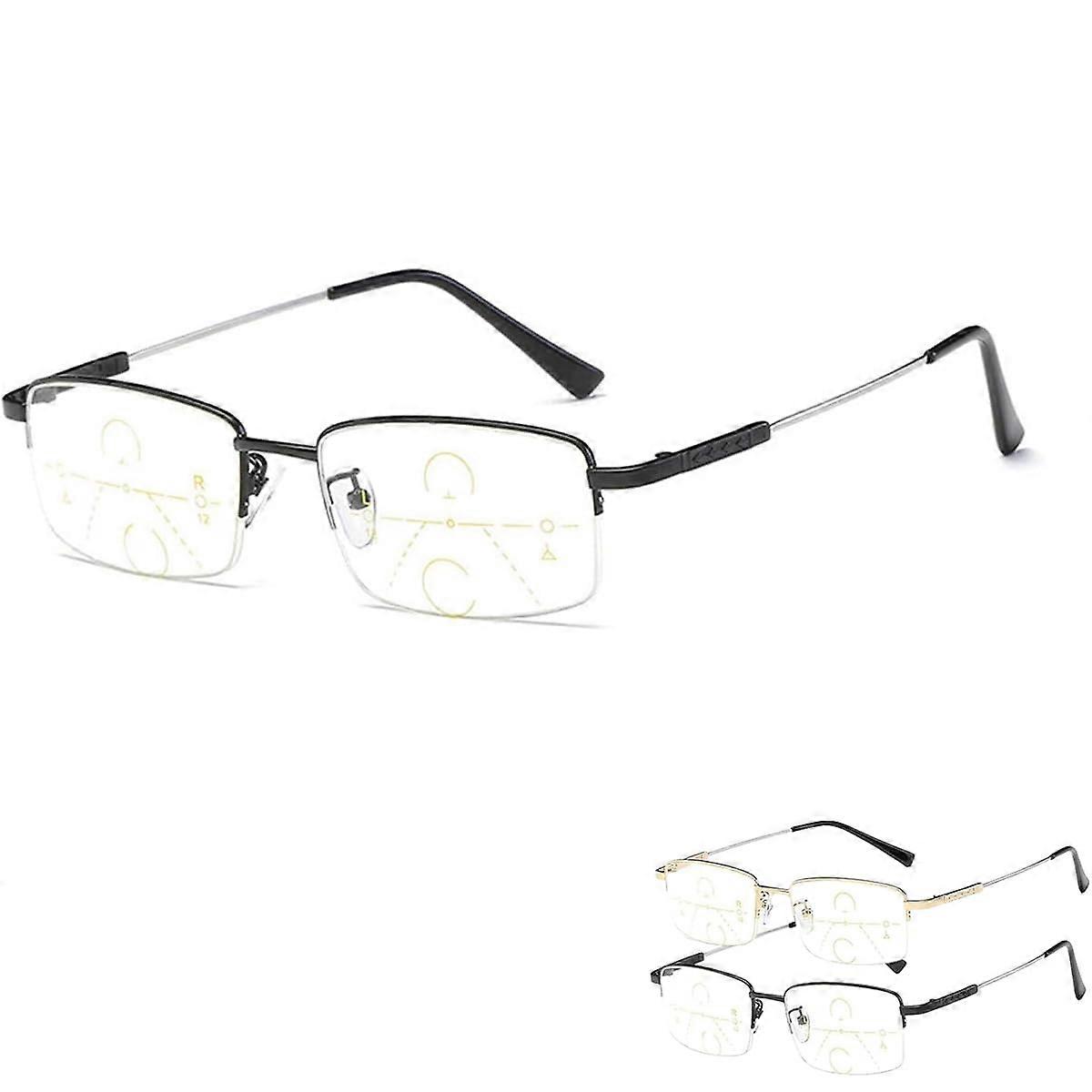 Titanium Progressive Reading Glasses with Multifocus Lenses, Blue Light Blocking, Black 2.0x
