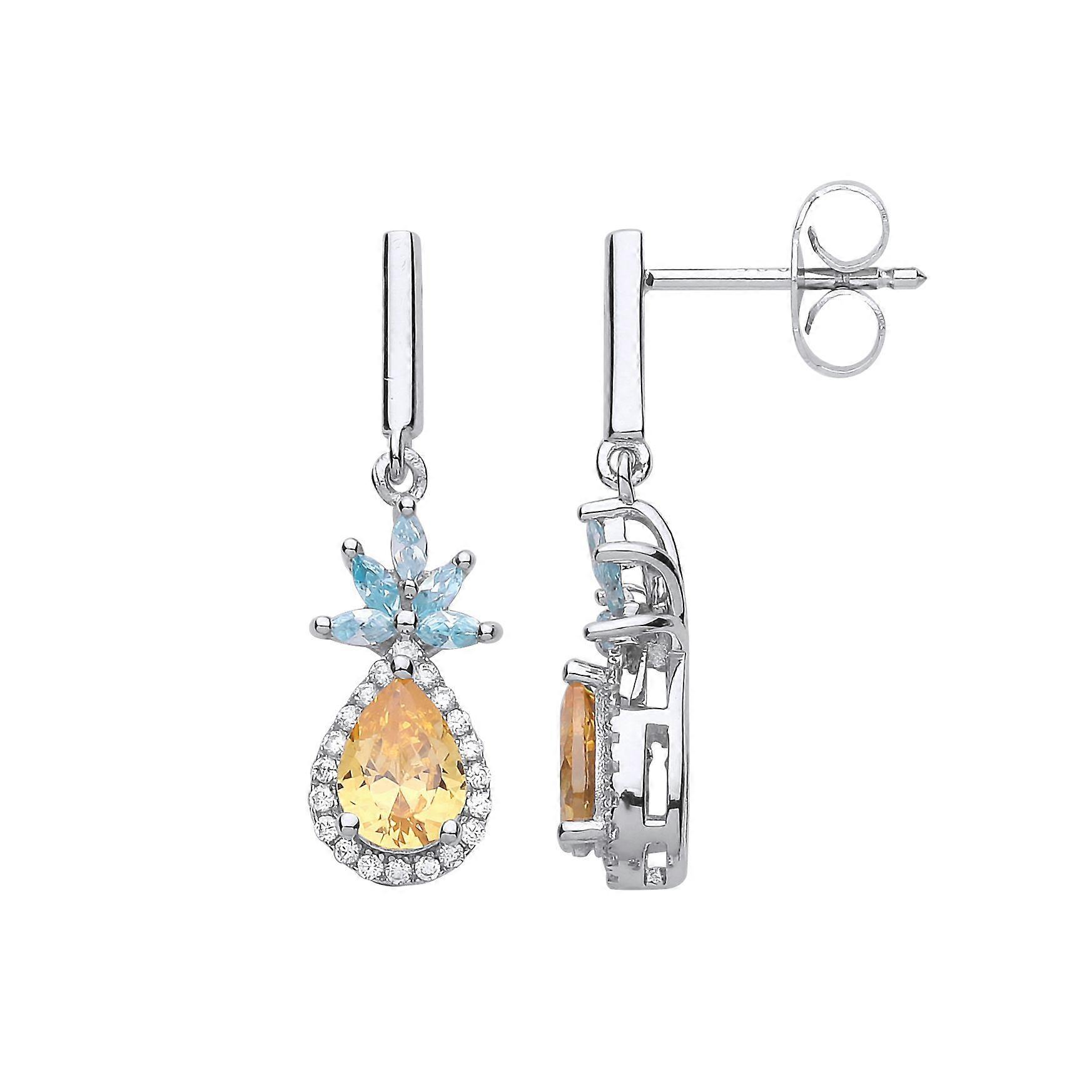 Jewelco London Ladies Sterling Silver Blue & Golden Yellow Cubic zirconia Pineapple Piña Colada Stud Drop Earrings