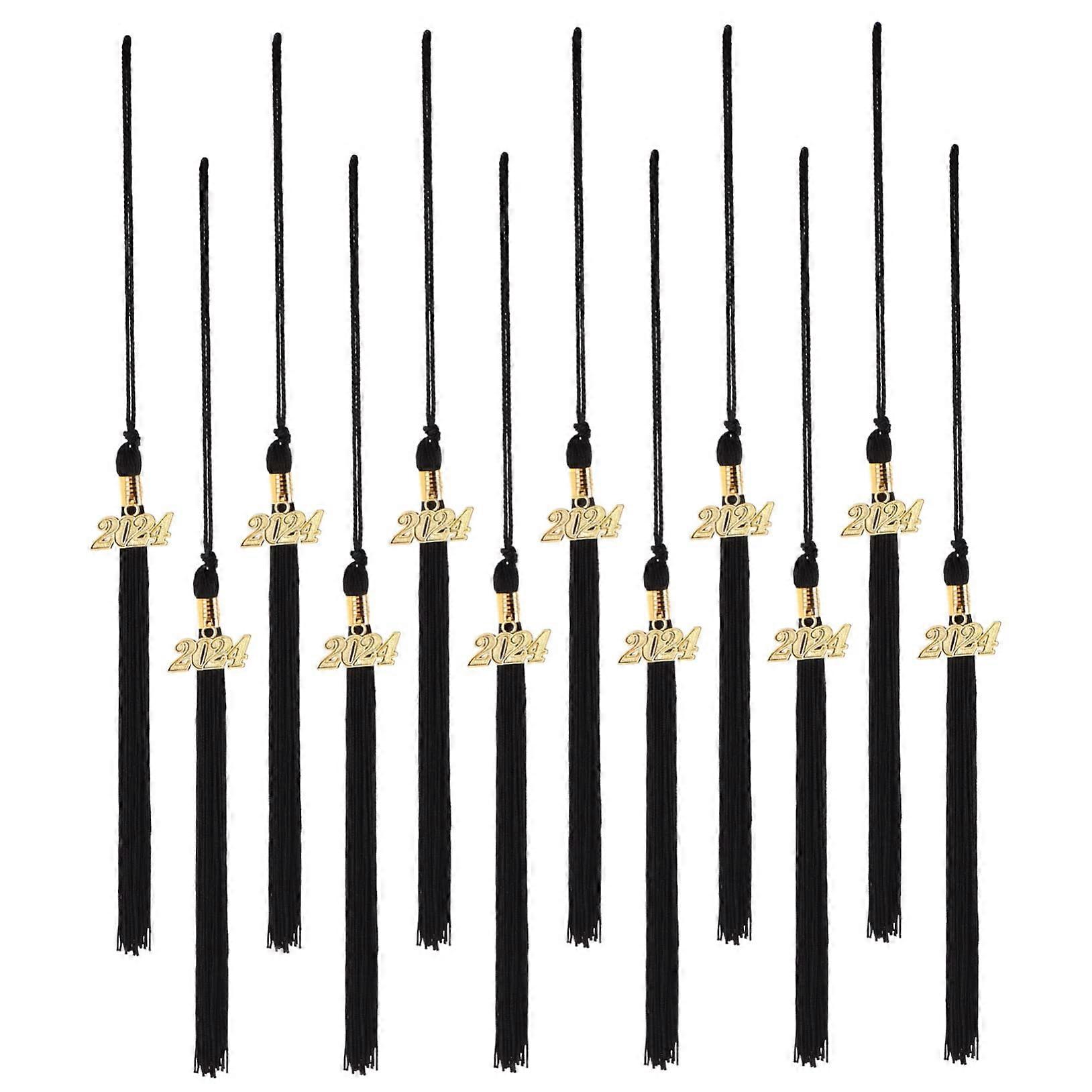 12pcs Graduation Cap Tassels with 2024 Charm Black Durable Polyester Graduation Hat Decorations