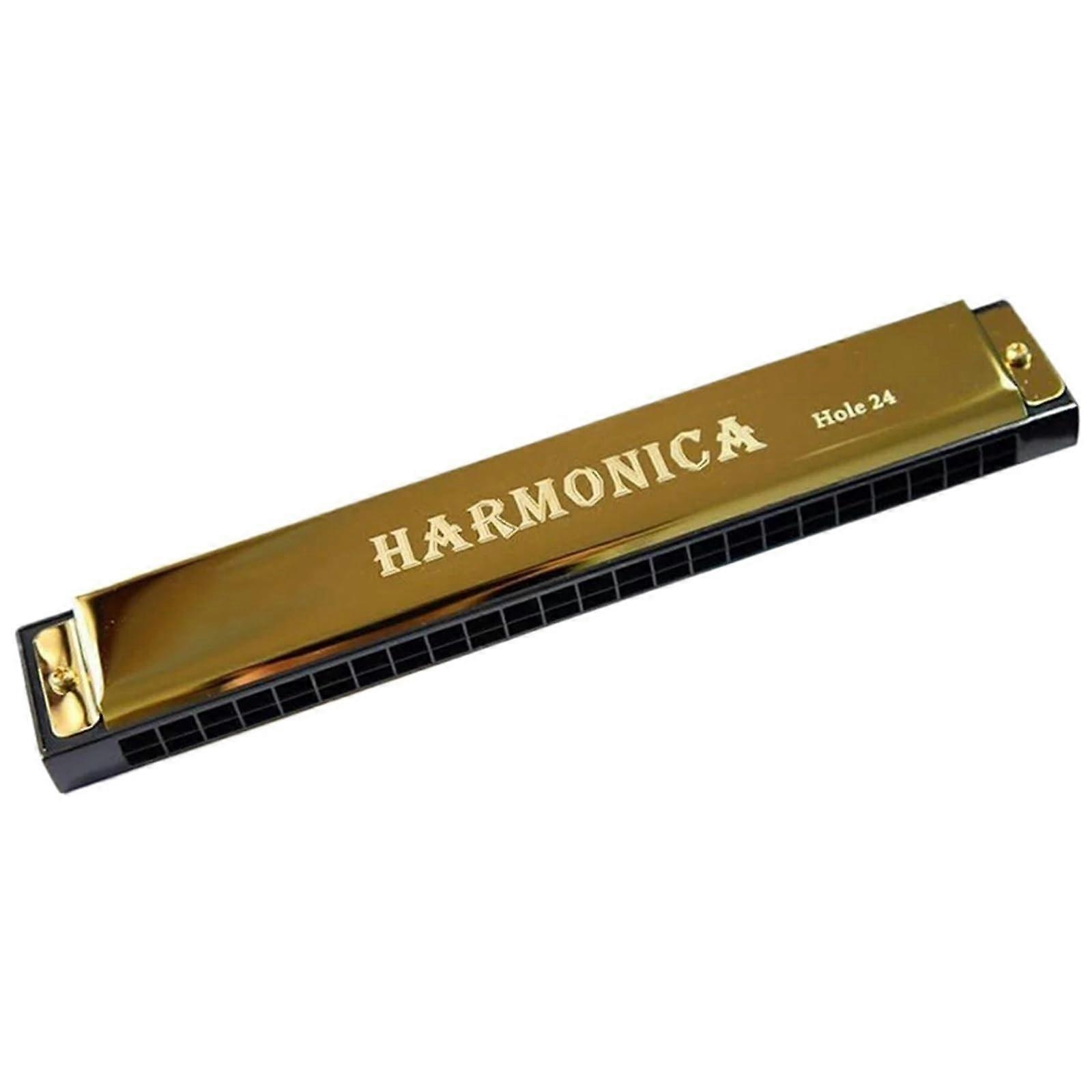 Professional 24 Hole Harmonica C Key with Case for Beginners Clear Bright Sound Gold