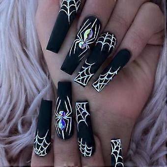 Spider Black Halloween Press On Nails Long Coffin Full Cover 24pcs with Glue for Women Girls