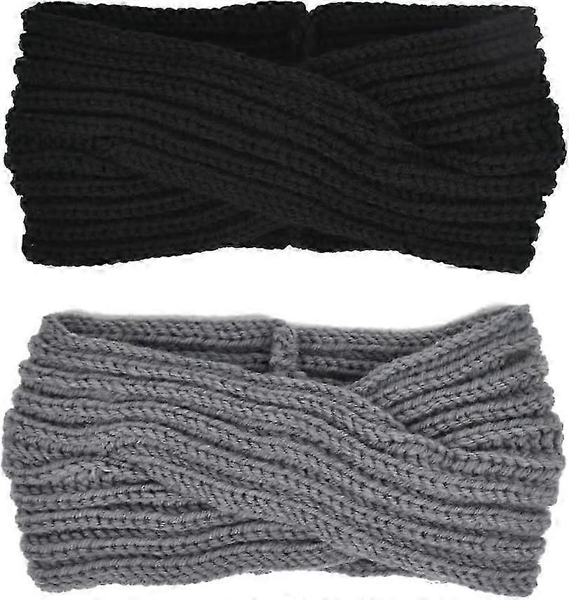 Hand Braided Fork Wool Headbands - Black/Grey - 2 Pieces