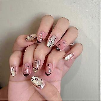Almond Press on Nail Glossy Designs Fake Nail Stick on Nail in 12 Sizes,24Pcs French Nail Tips for DIY Nail Art Decors