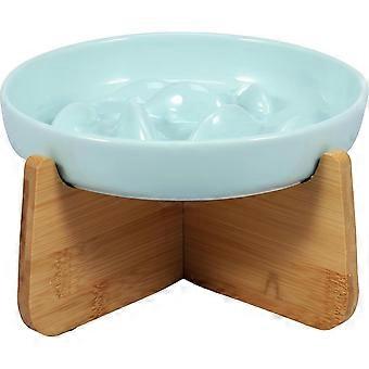 Raised Cat Bowl Elevated Cat Bowls with Wood Stand Ceramic Raised Cat Slow Feeder Bowl 6.4×1.14 Inch Cat Feeding Bowl Anti Vomiting Cat